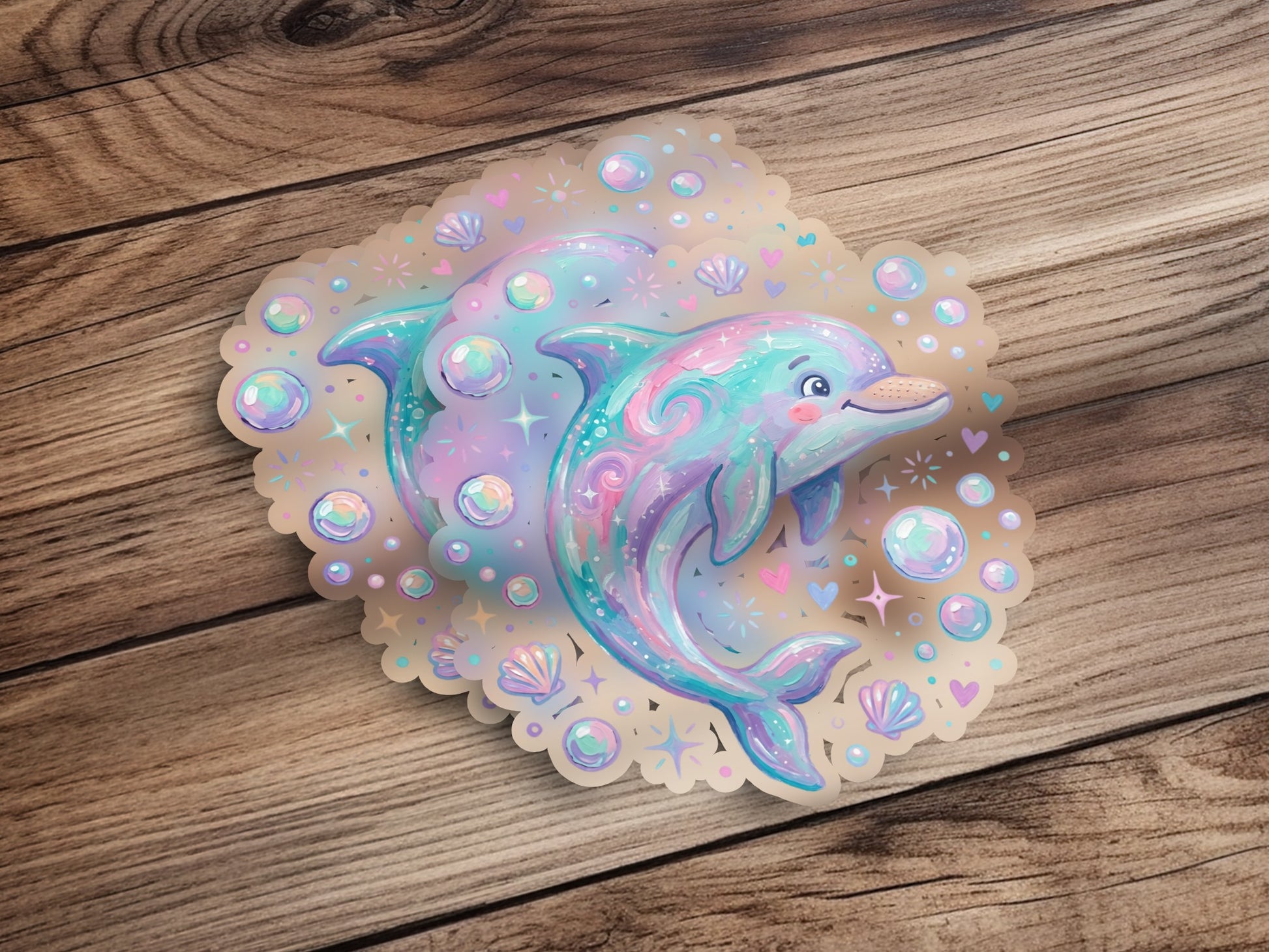 Iridescent cartoon dolphins and seashells on a scalloped sticker.