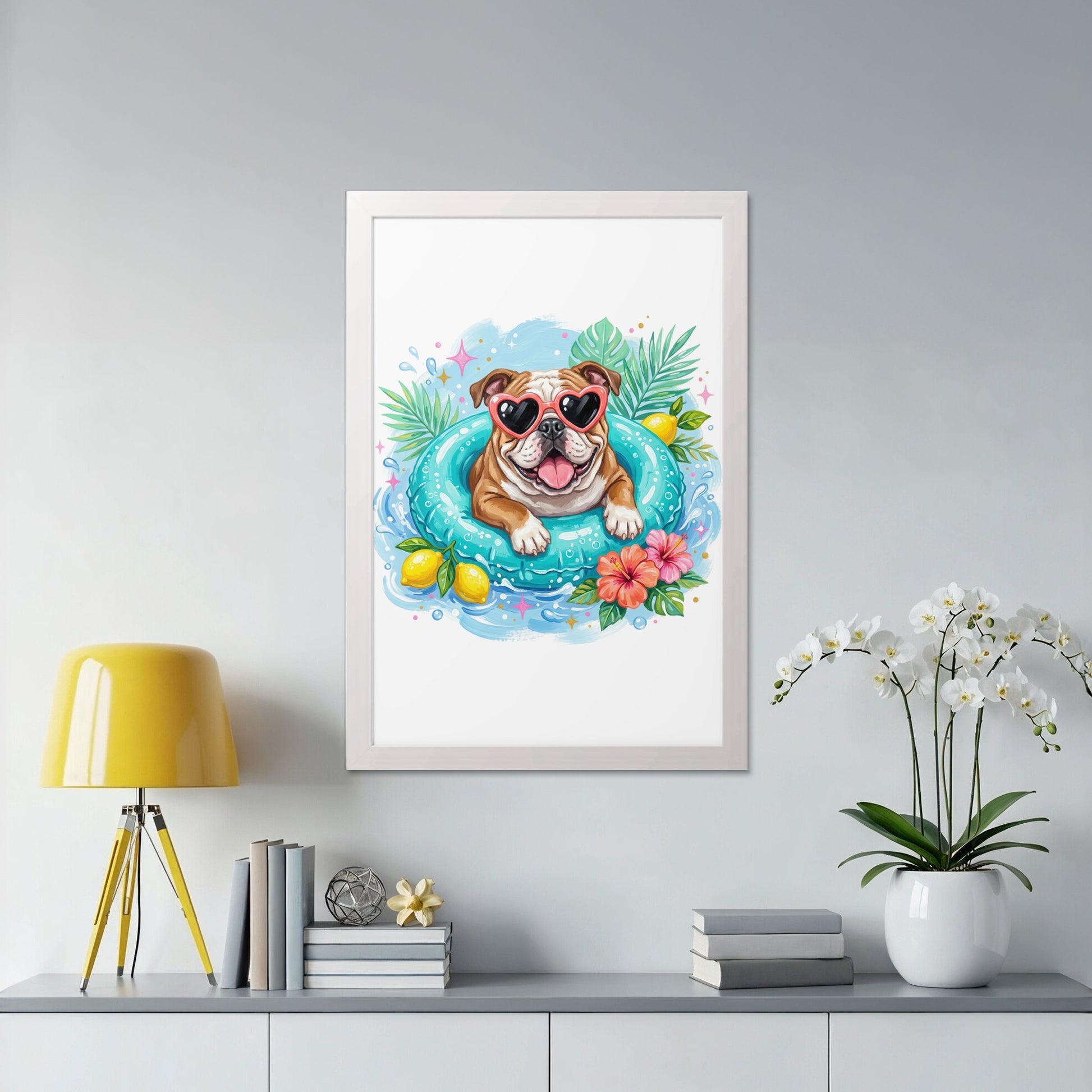 Bulldog wearing heart sunglasses in a pool float, surrounded by flowers and lemons.