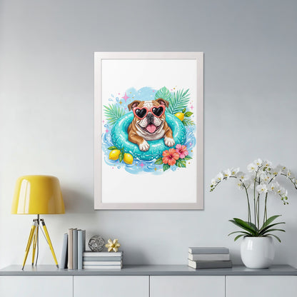 Bulldog wearing heart sunglasses in a pool float, surrounded by flowers and lemons.