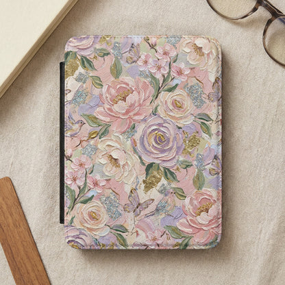 Floral patterned Kindle cover with butterflies and glitter accents.