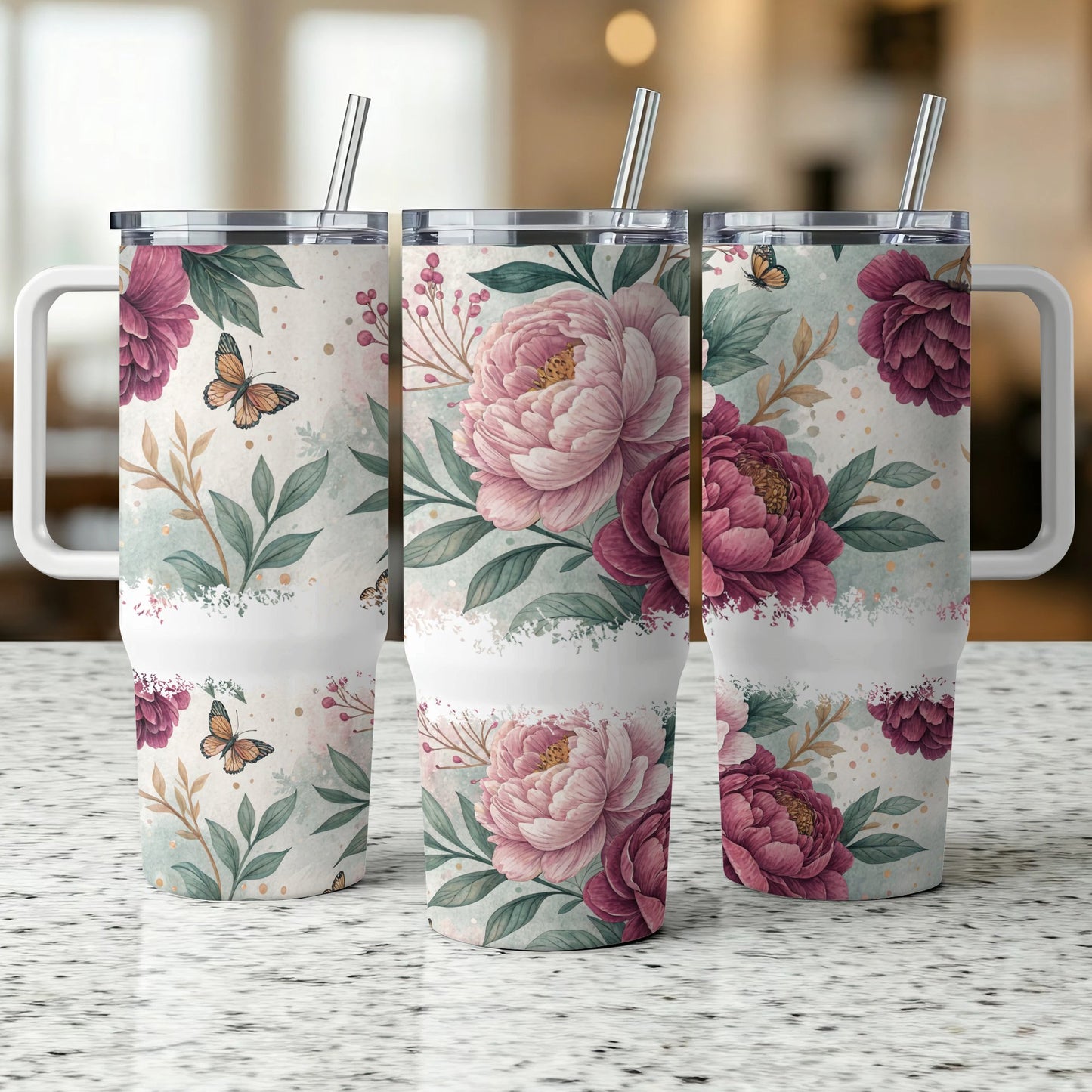 Three floral tumblers with butterflies and peonies.