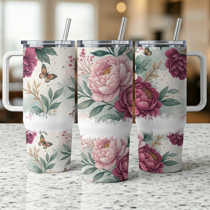 Three floral tumblers with butterflies and peonies.