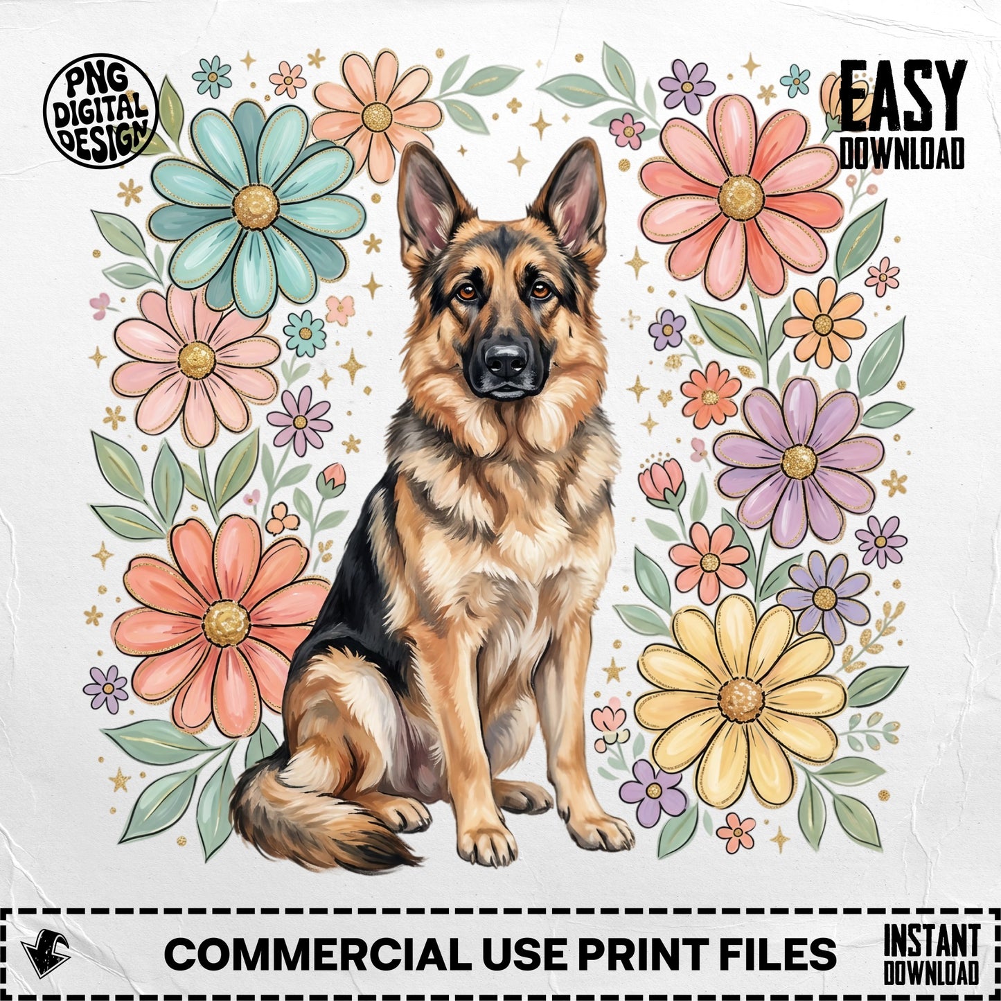 German Shepherd sitting amidst pastel flowers, with "Easy Download" and "Commercial Use" text.
