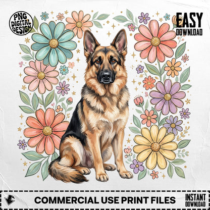 German Shepherd sitting amidst pastel flowers, with "Easy Download" and "Commercial Use" text.