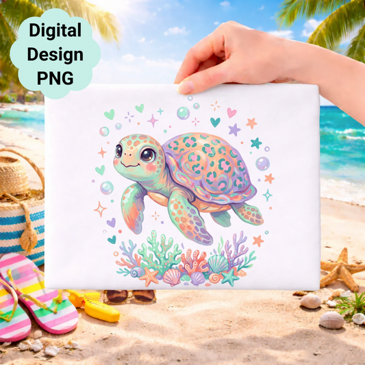 Cute cartoon sea turtle with colorful coral and seashells on beach background.