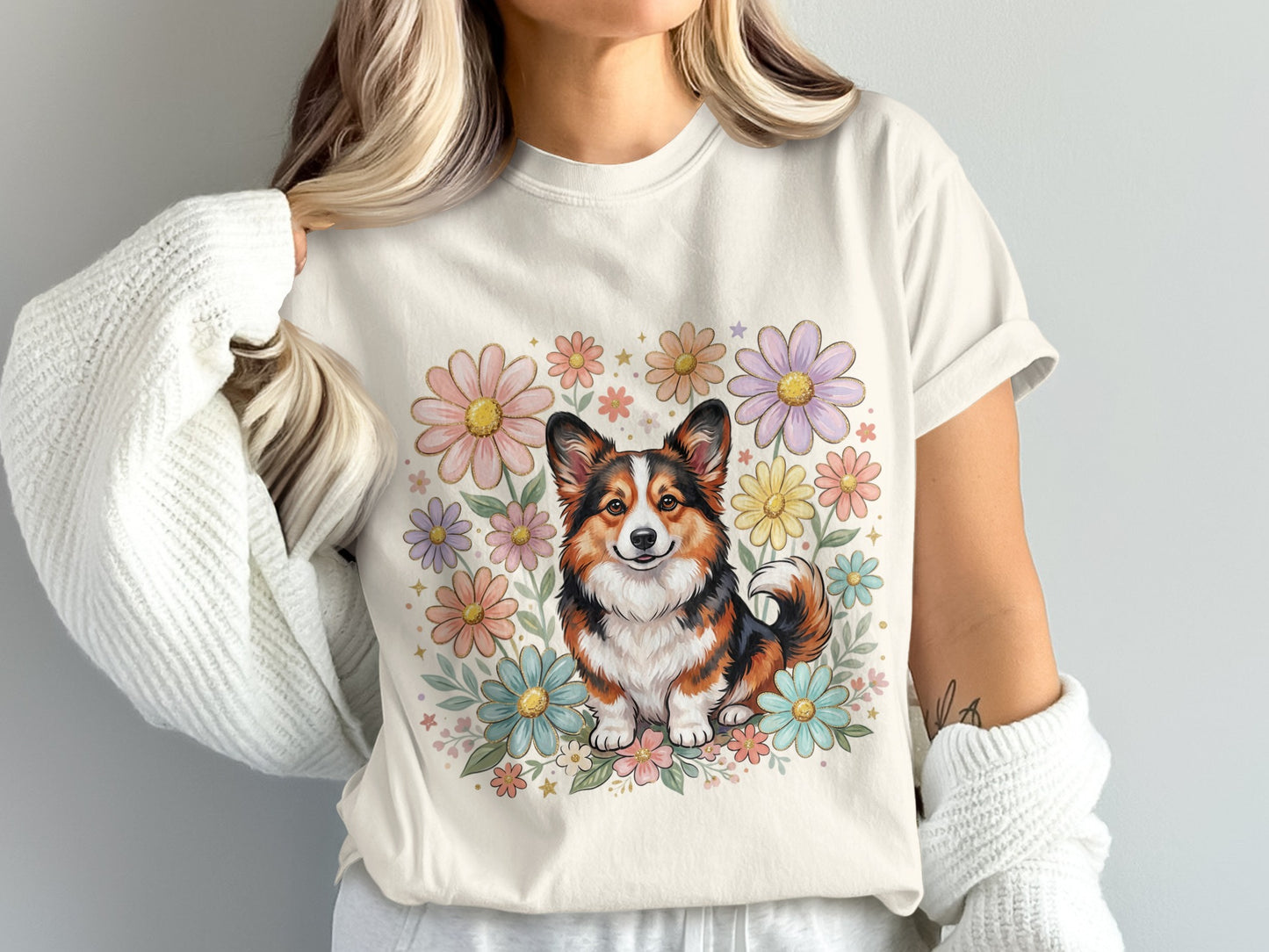Tricolor corgi surrounded by pastel flowers on a cream t-shirt.