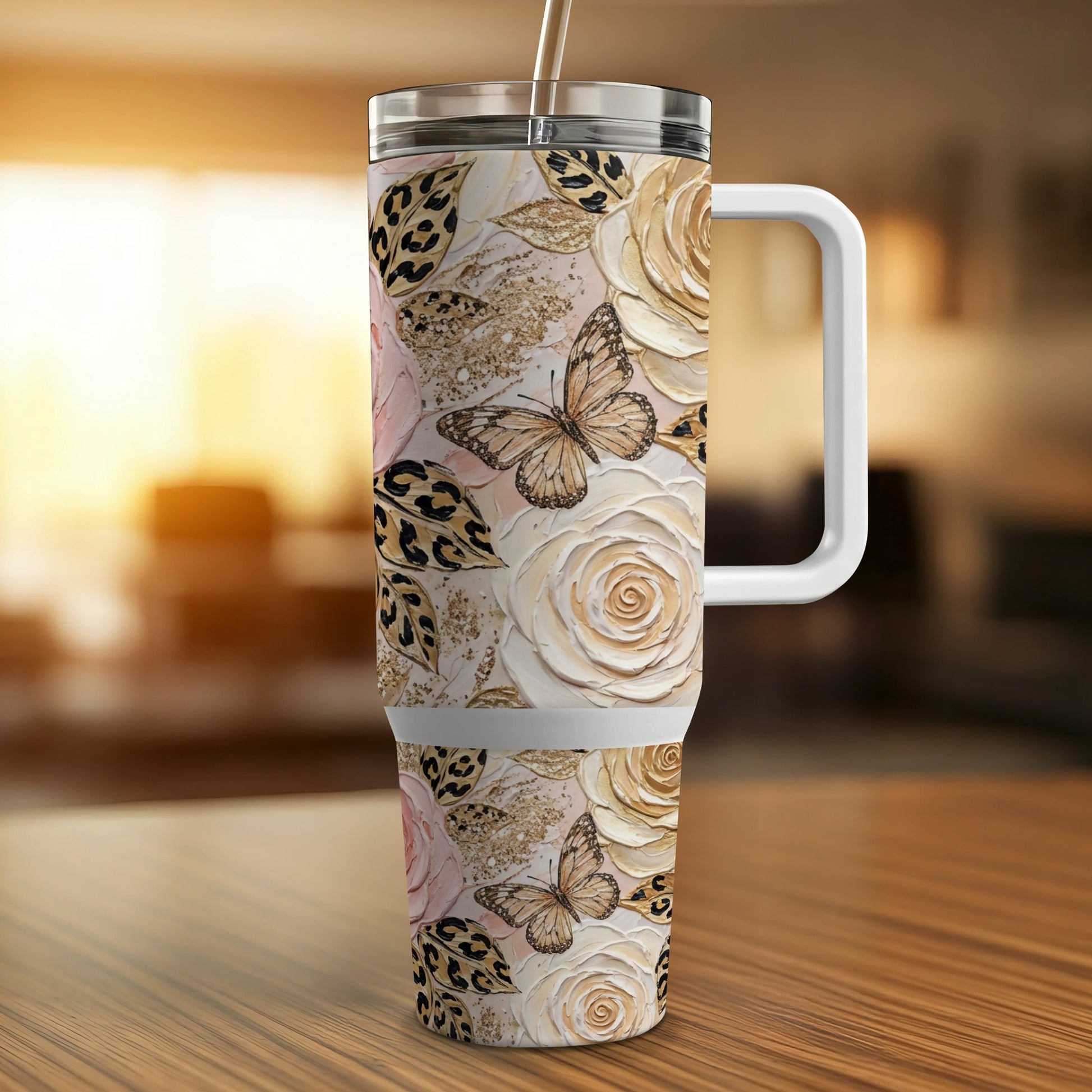 Tumbler with a floral and butterfly design.