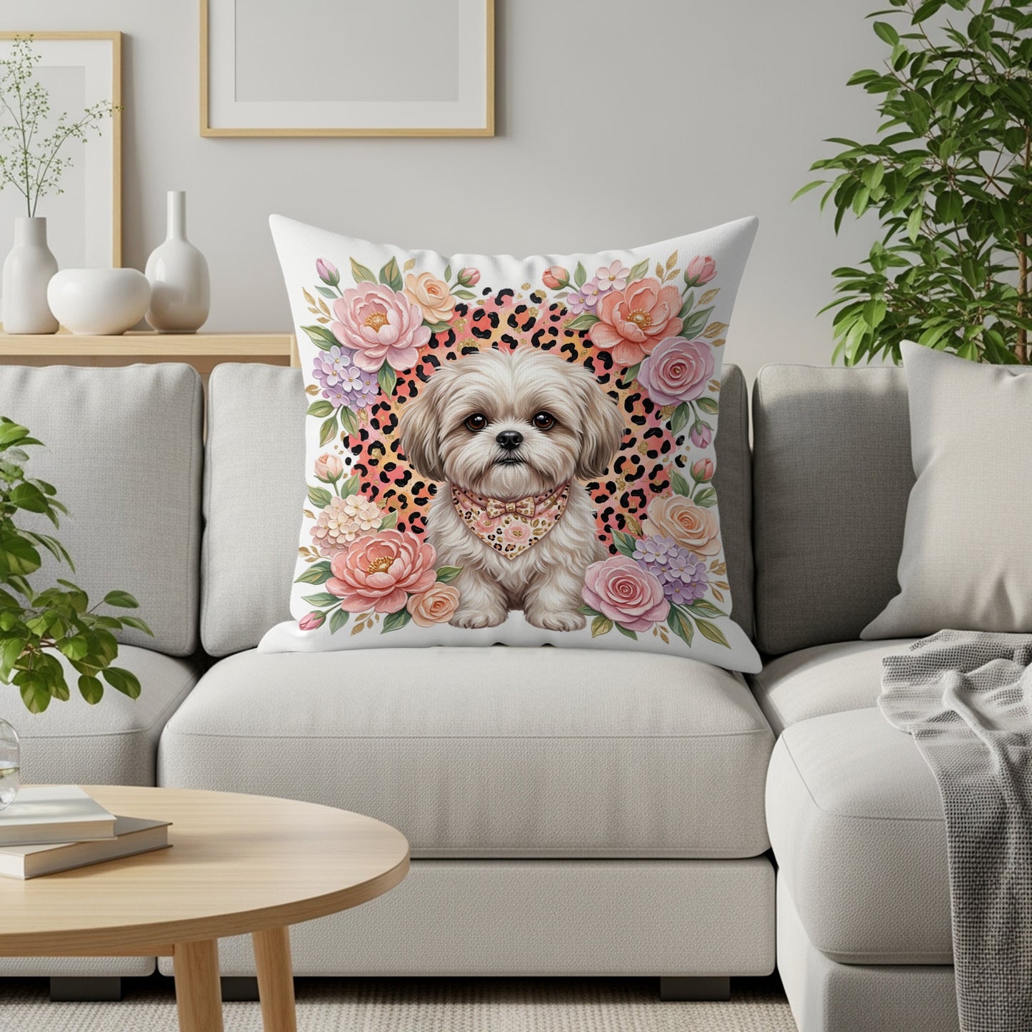 Shih Tzu dog on floral leopard print pillow on a sofa.