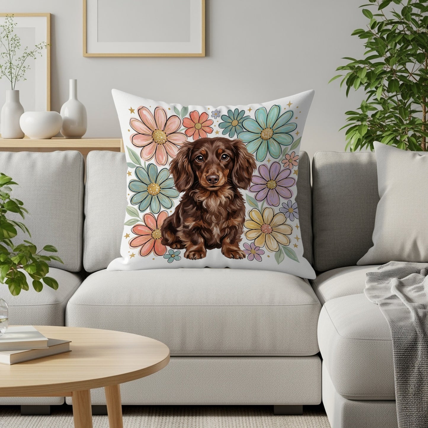 Brown dachshund on a pillow with colorful floral background.