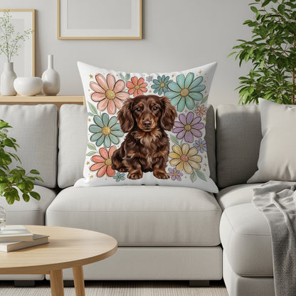 Brown dachshund on a pillow with colorful floral background.