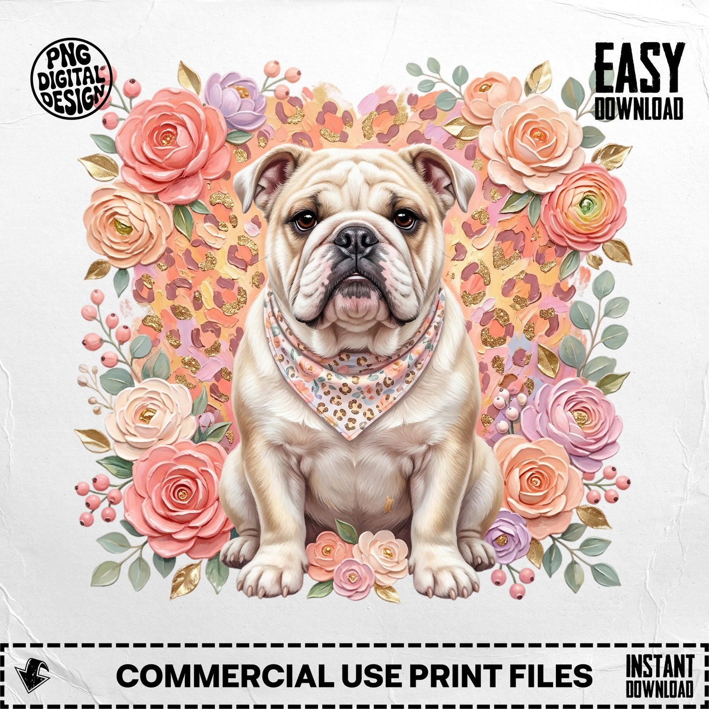 English bulldog wearing a bandana surrounded by roses and leopard print.