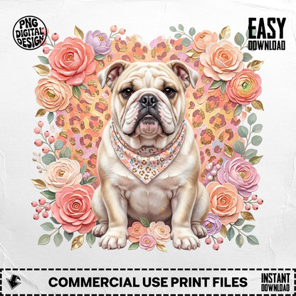 English bulldog wearing a bandana surrounded by roses and leopard print.