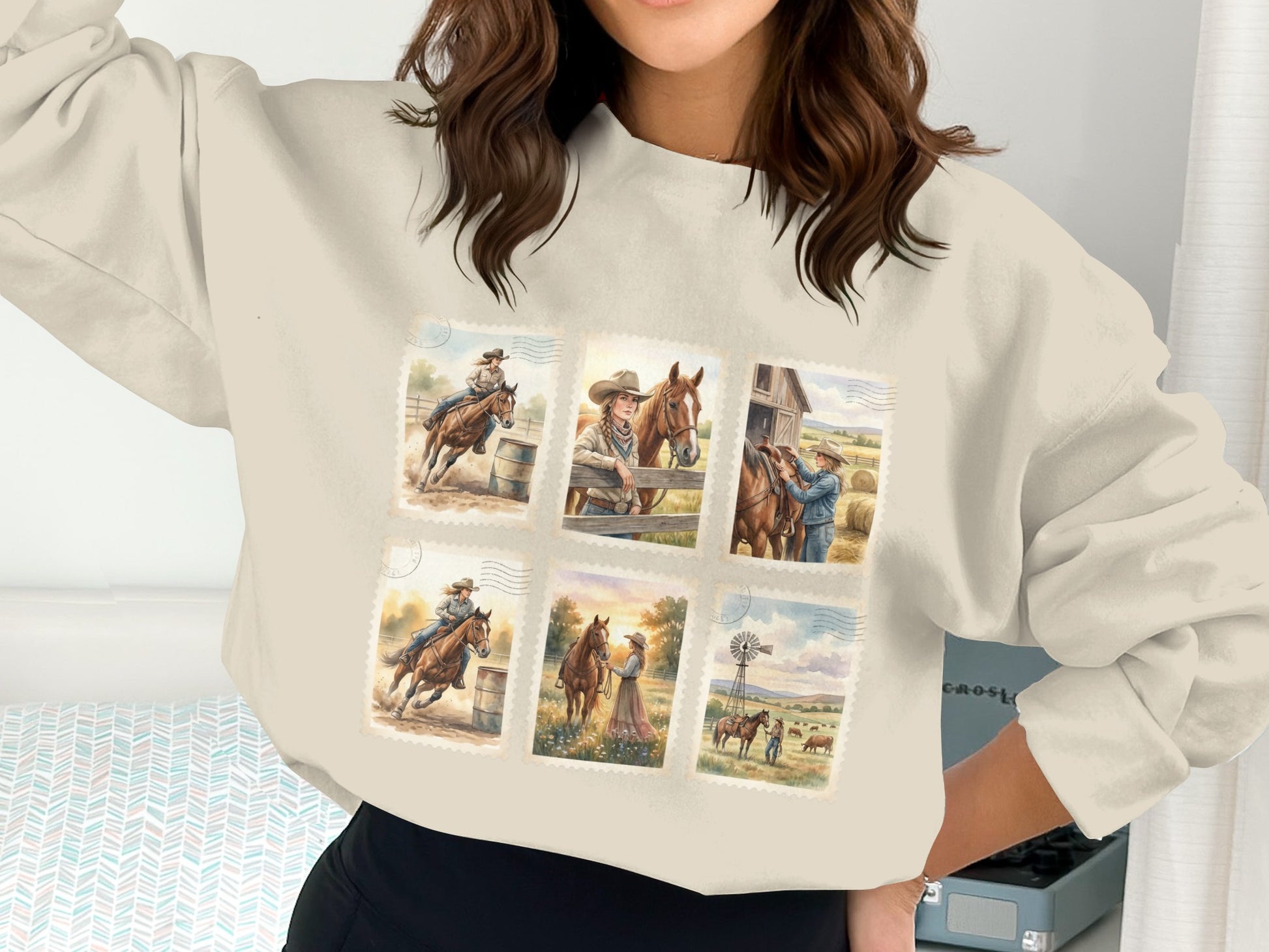 Crewneck sweatshirt with six vintage postage stamp illustrations of horses and cowboys.