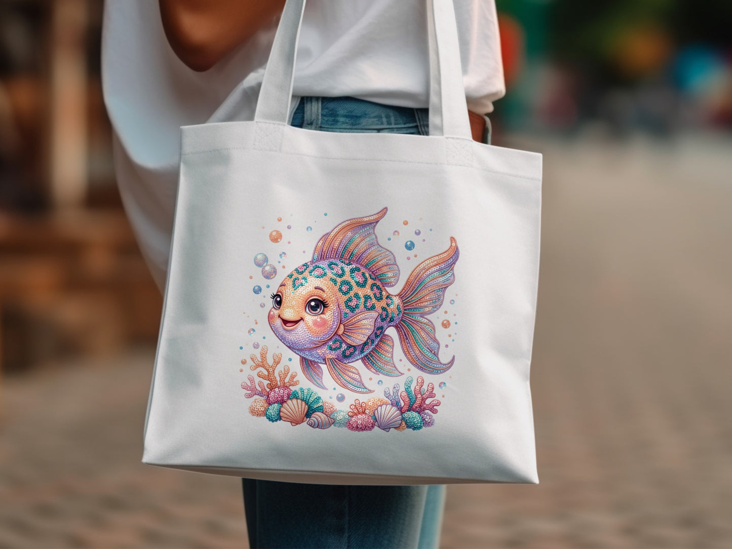 White tote bag with a colorful cartoon goldfish and coral design.
