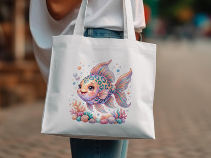 White tote bag with a colorful cartoon goldfish and coral design.
