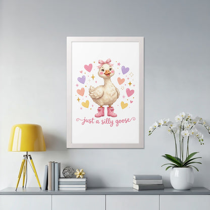 Framed illustration of a cartoon goose wearing pink boots and a bow.