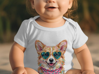 Baby in white onesie with a smiling corgi wearing heart sunglasses and bandana.