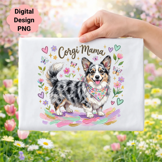 Corgi Mama PNG with floral and butterfly accents on a white background.