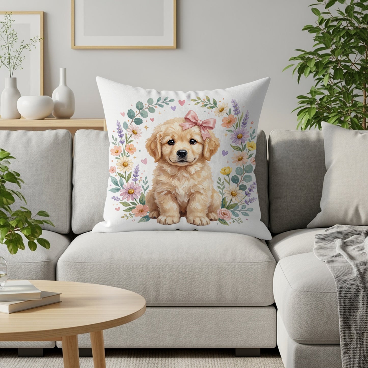 Golden Retriever puppy with pink bow in a floral wreath on a couch.