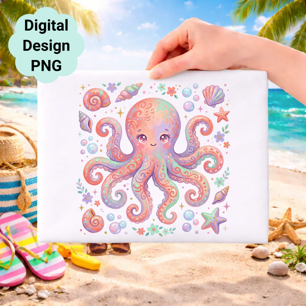 Cute cartoon octopus surrounded by seashells on a beach background.