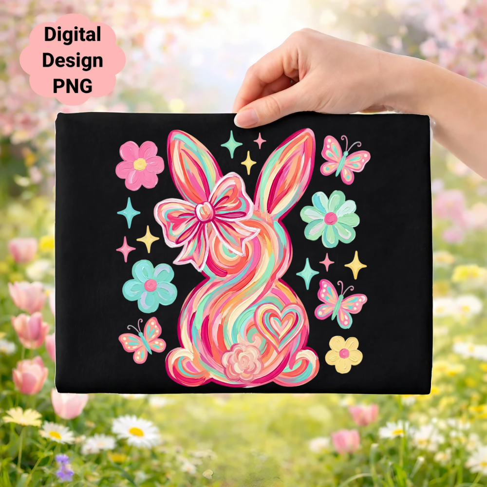 Pink and yellow bunny with bow, hearts, flowers, and butterflies on black background.