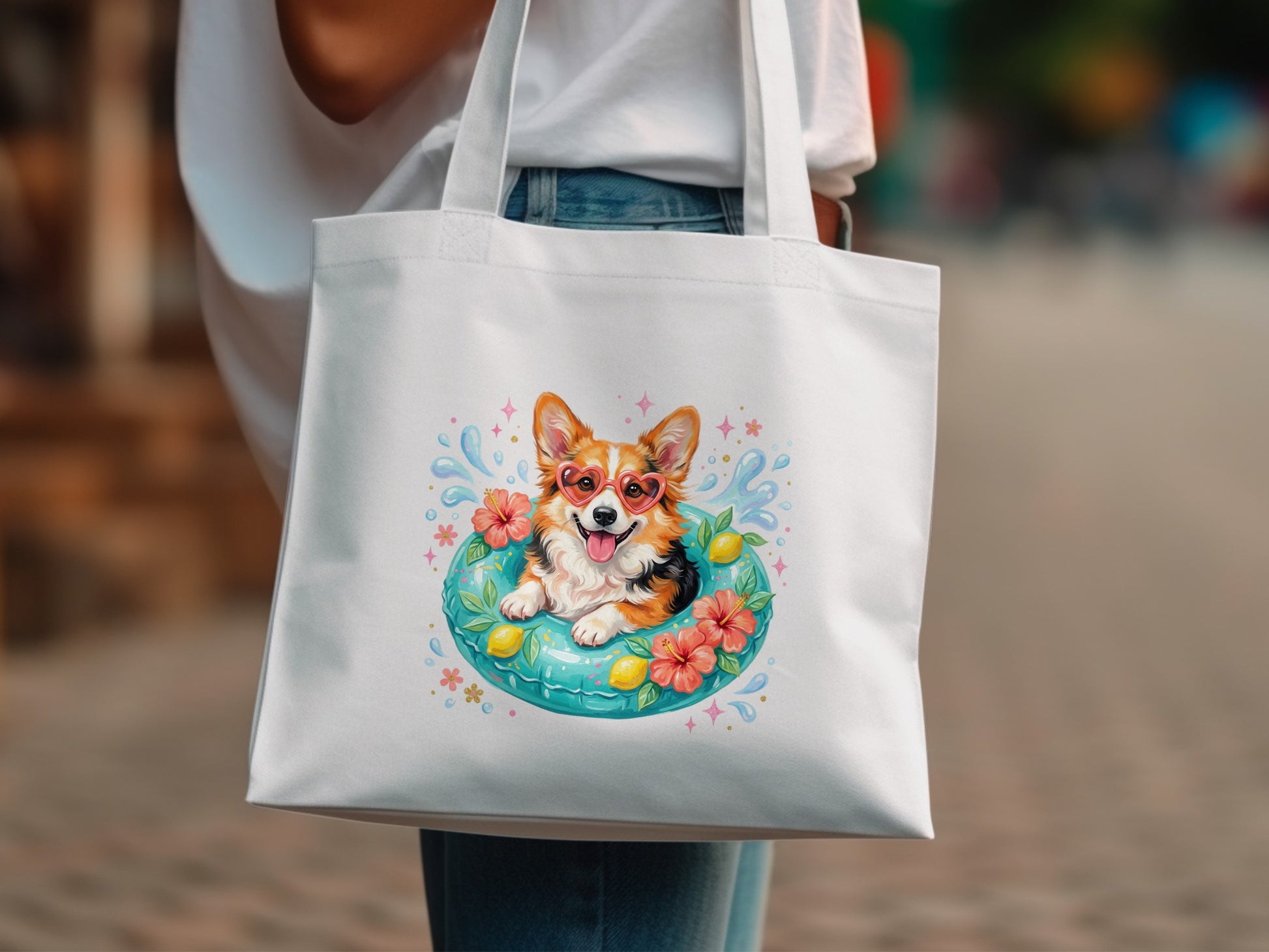 White tote bag with a corgi wearing heart sunglasses in a pool float.