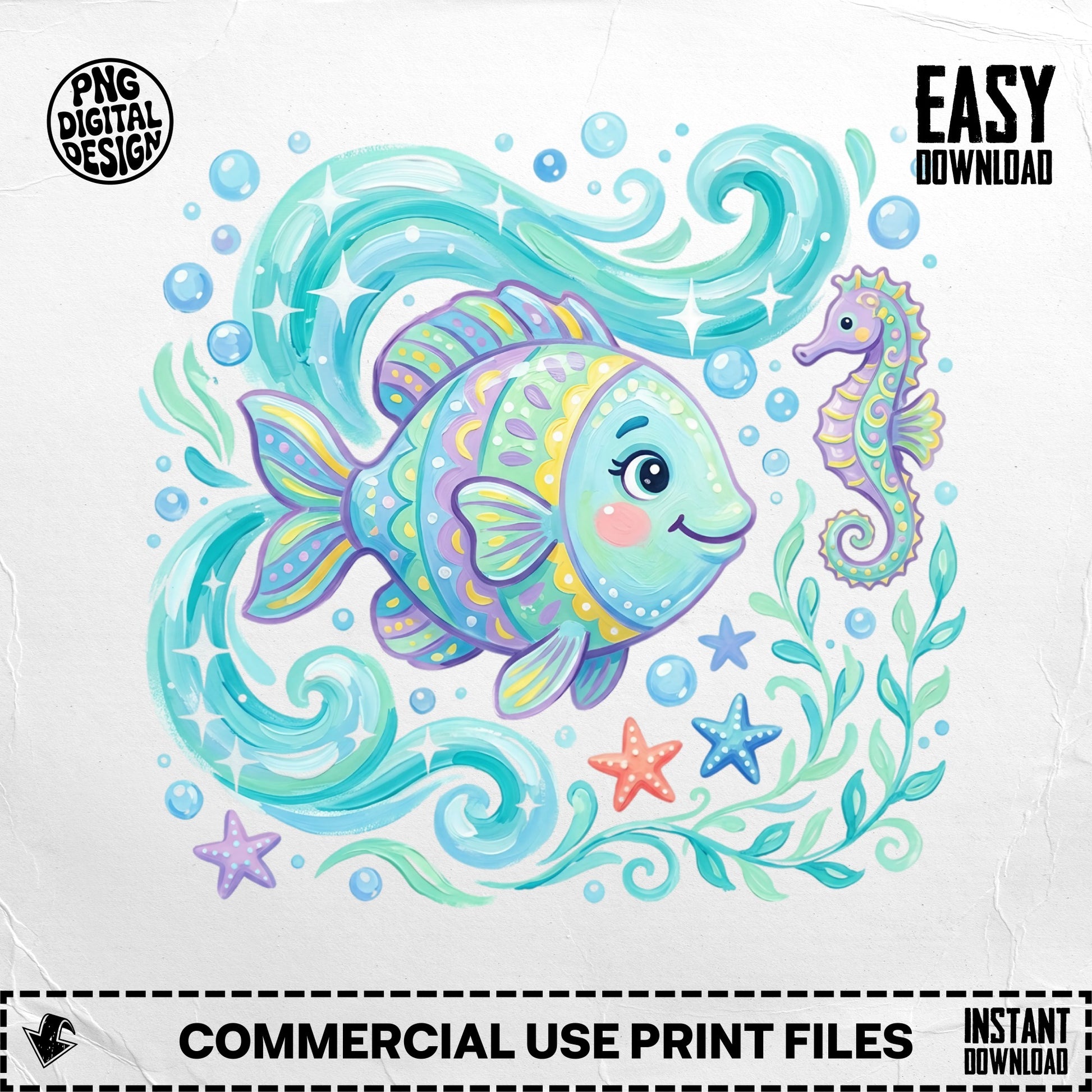 Colorful illustrated fish and seahorse with bubbles and starfish.