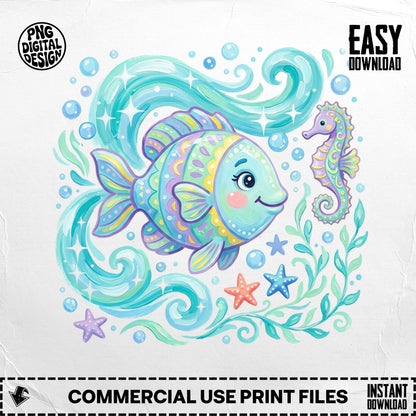 Colorful illustrated fish and seahorse with bubbles and starfish.