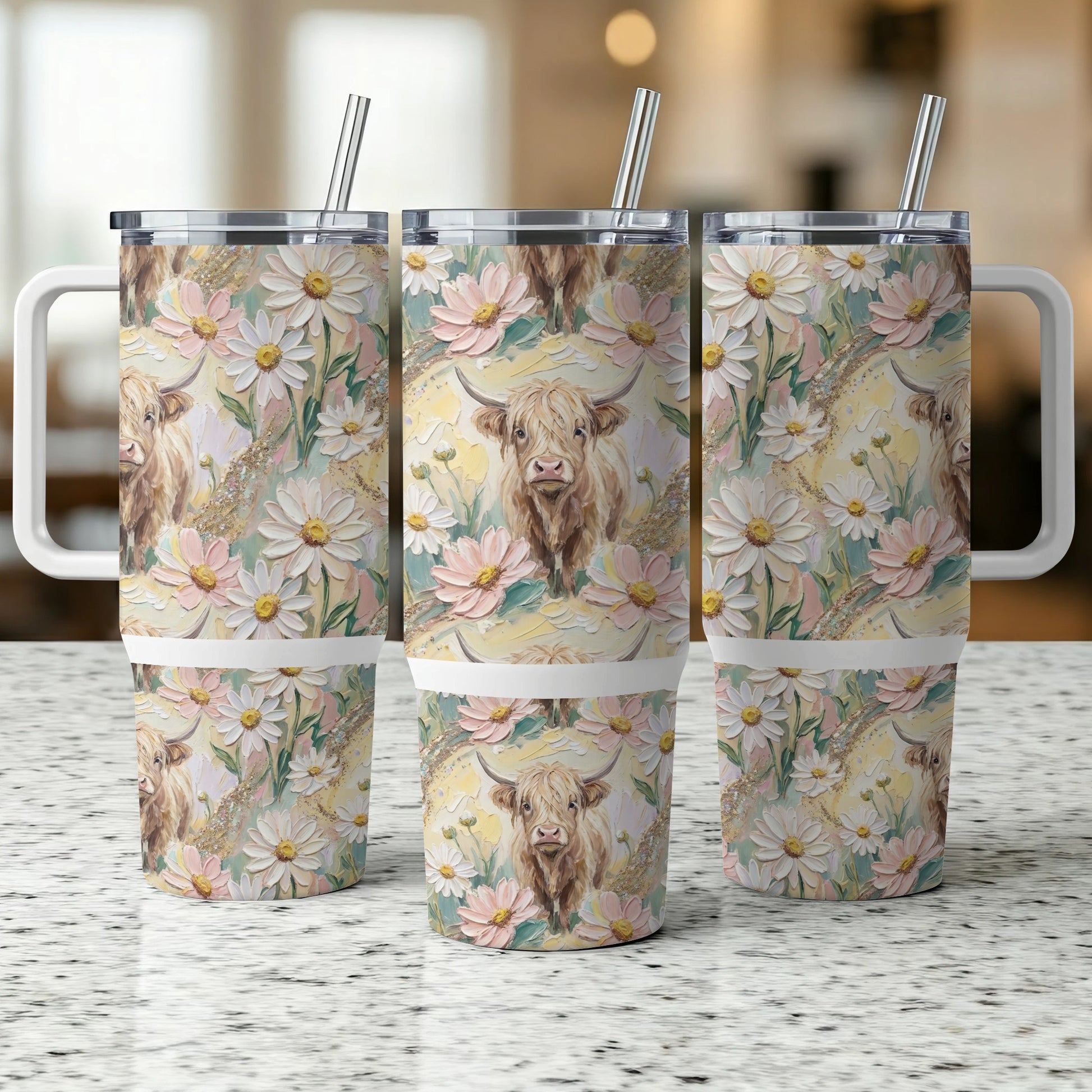 Highland cow and daisies on a white tumbler with a handle.
