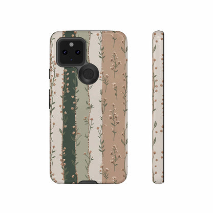 Phone case with a vertical striped floral pattern in green and beige tones.