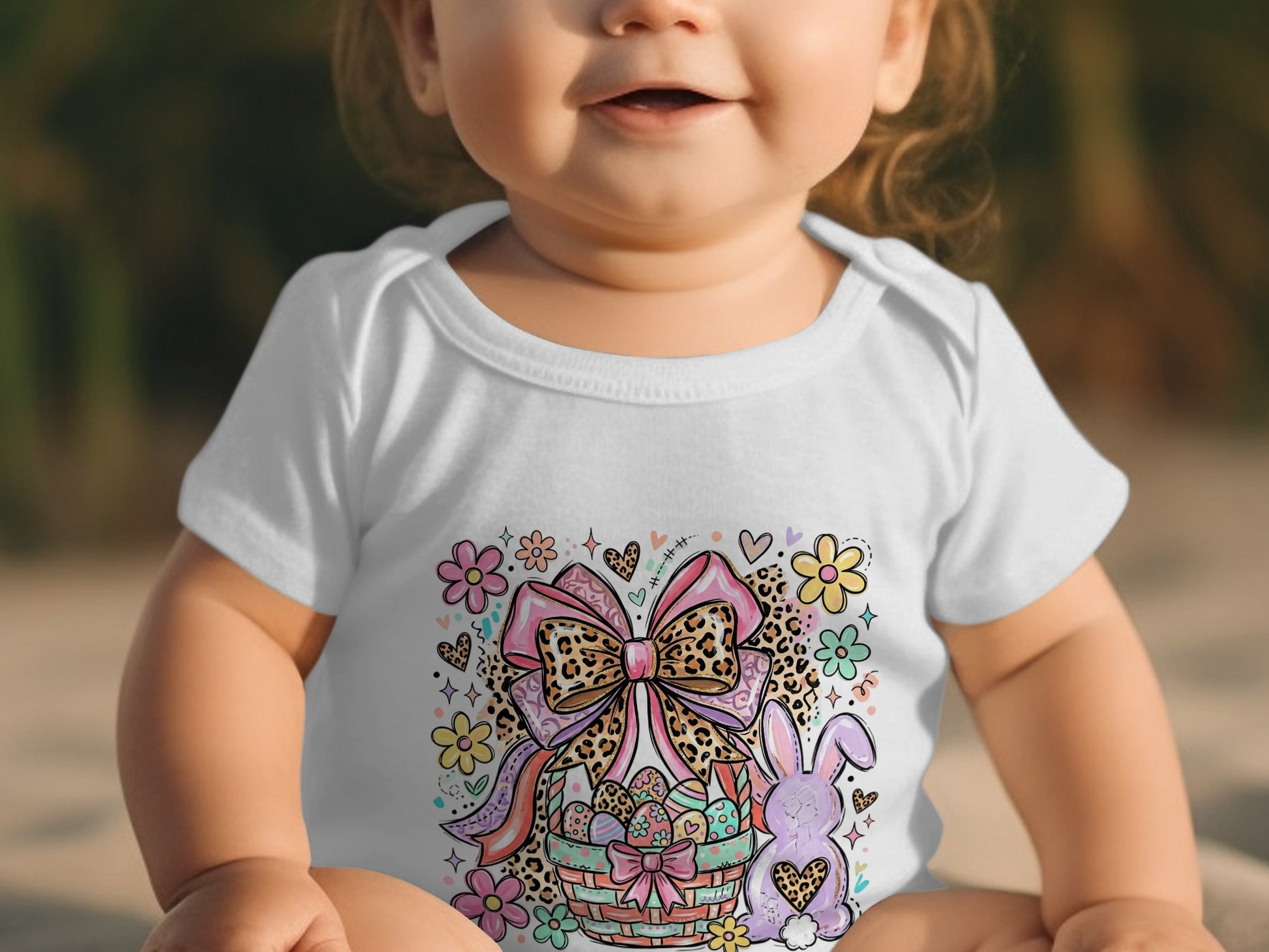Baby in white onesie with Easter basket, bunny, and bow graphic.