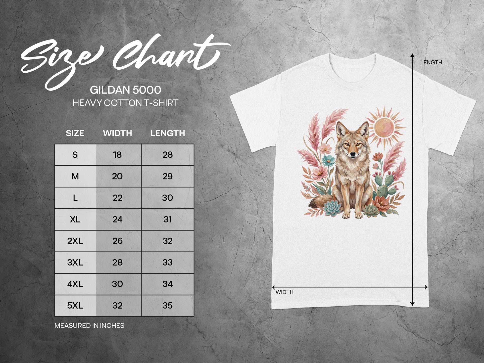 Gildan 5000 t-shirt size chart with measurements for width and length.