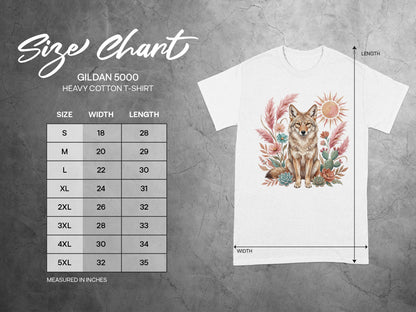Gildan 5000 t-shirt size chart with measurements for width and length.
