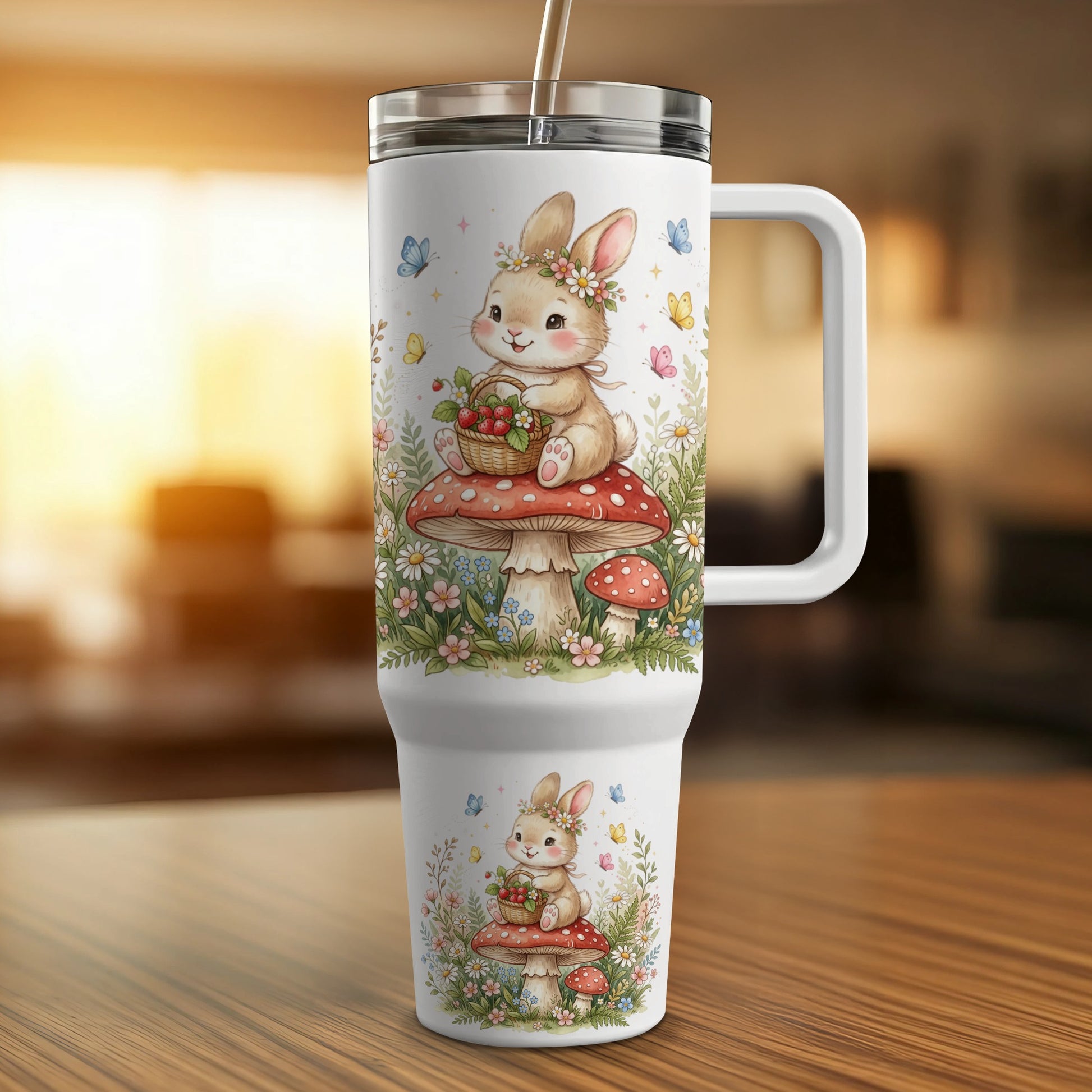 White tumbler with a bunny on a mushroom, surrounded by flowers and butterflies.