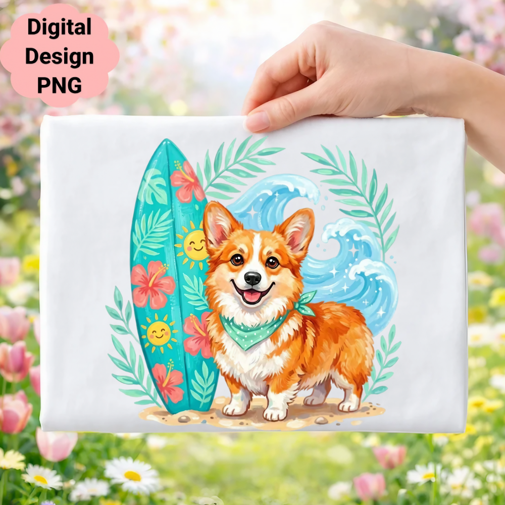 Corgi dog in bandana with surfboard and waves on beach.