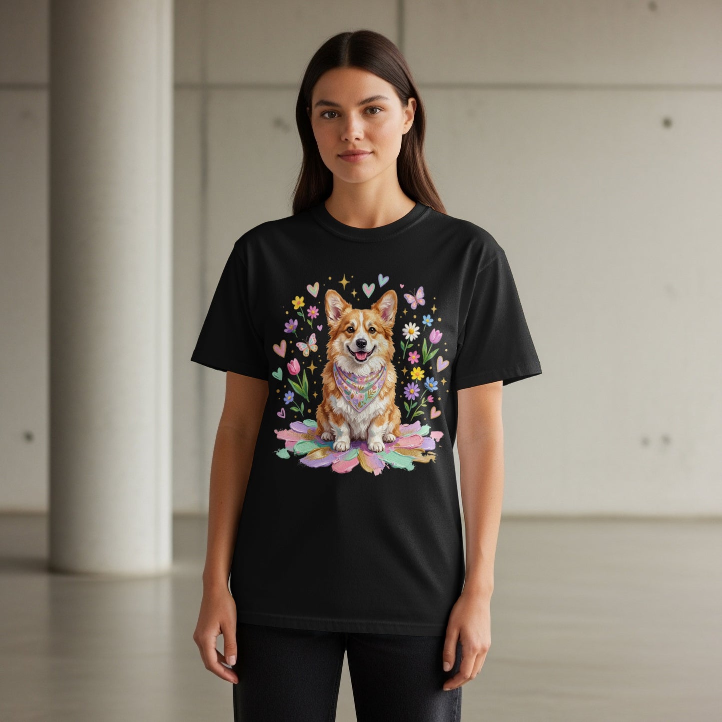 Black t-shirt with a colorful Corgi design surrounded by flowers and butterflies.