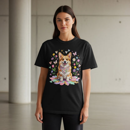 Black t-shirt with a colorful Corgi design surrounded by flowers and butterflies.