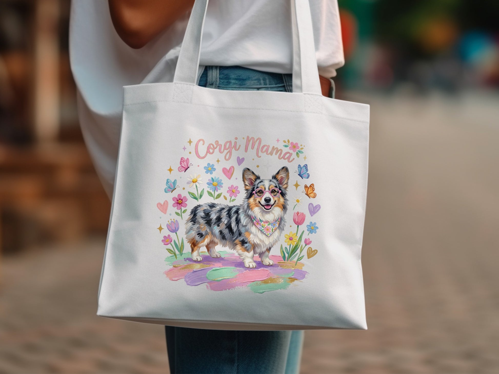 Corgi Mama tote bag with colorful watercolor corgi and flowers.