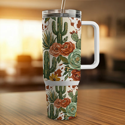 Tumbler with cowboy cactus and floral pattern.