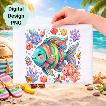 Colorful cartoon fish and sea creatures on a white background.