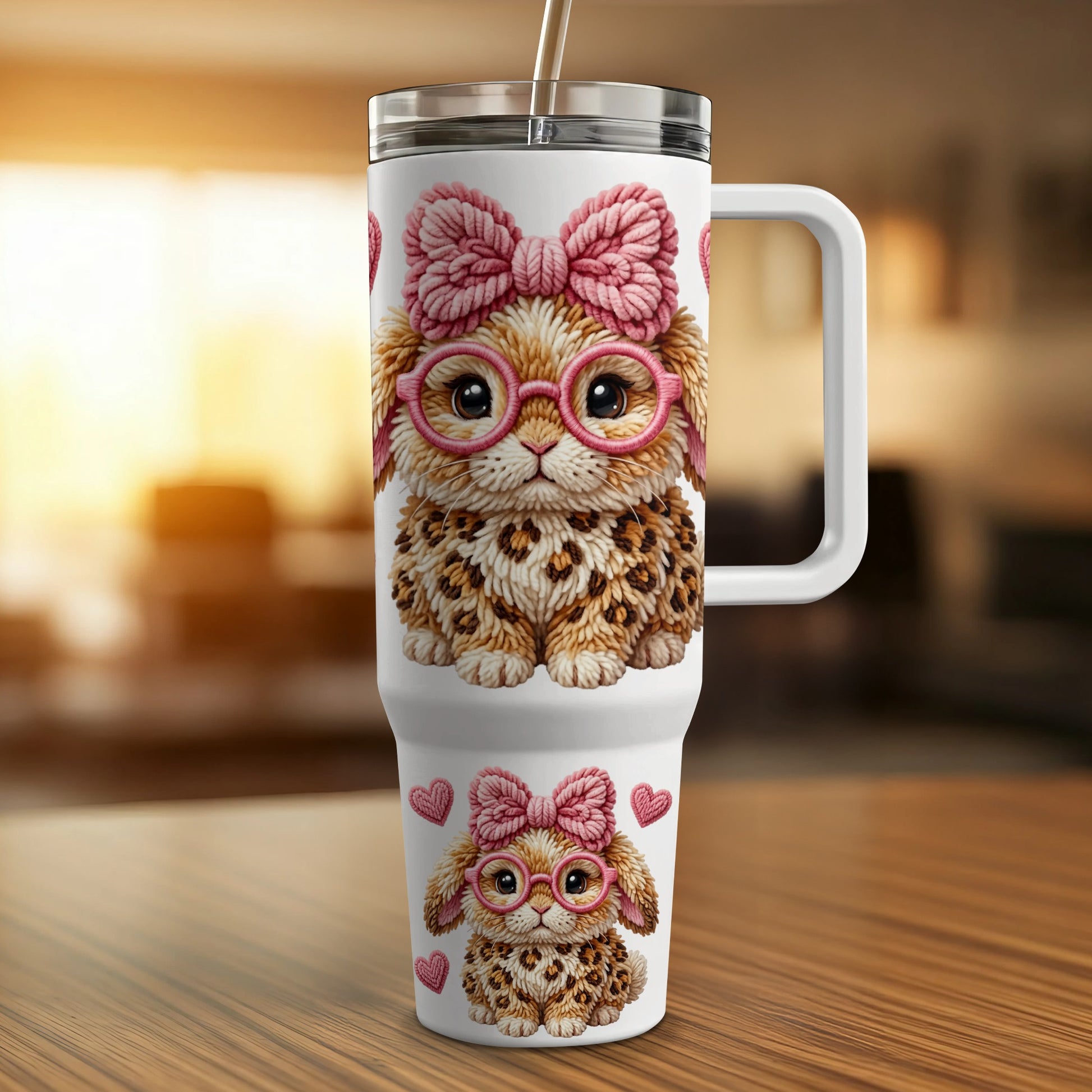 White tumbler with leopard print dog and pink bows and glasses.
