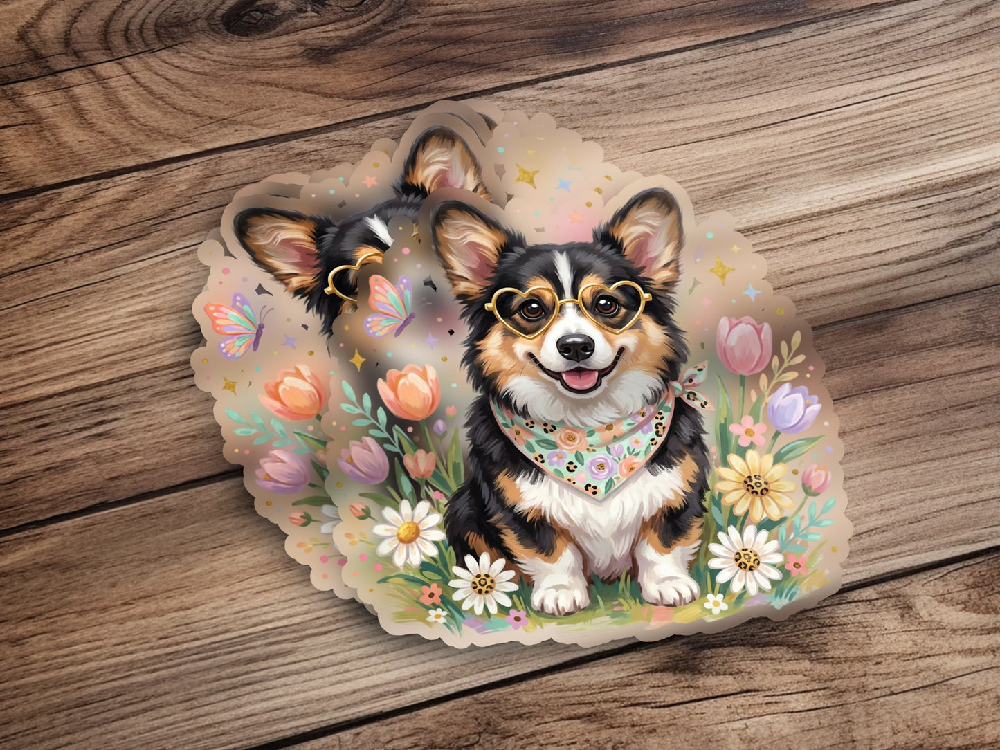 Cute corgi wearing heart glasses and bandana surrounded by flowers.