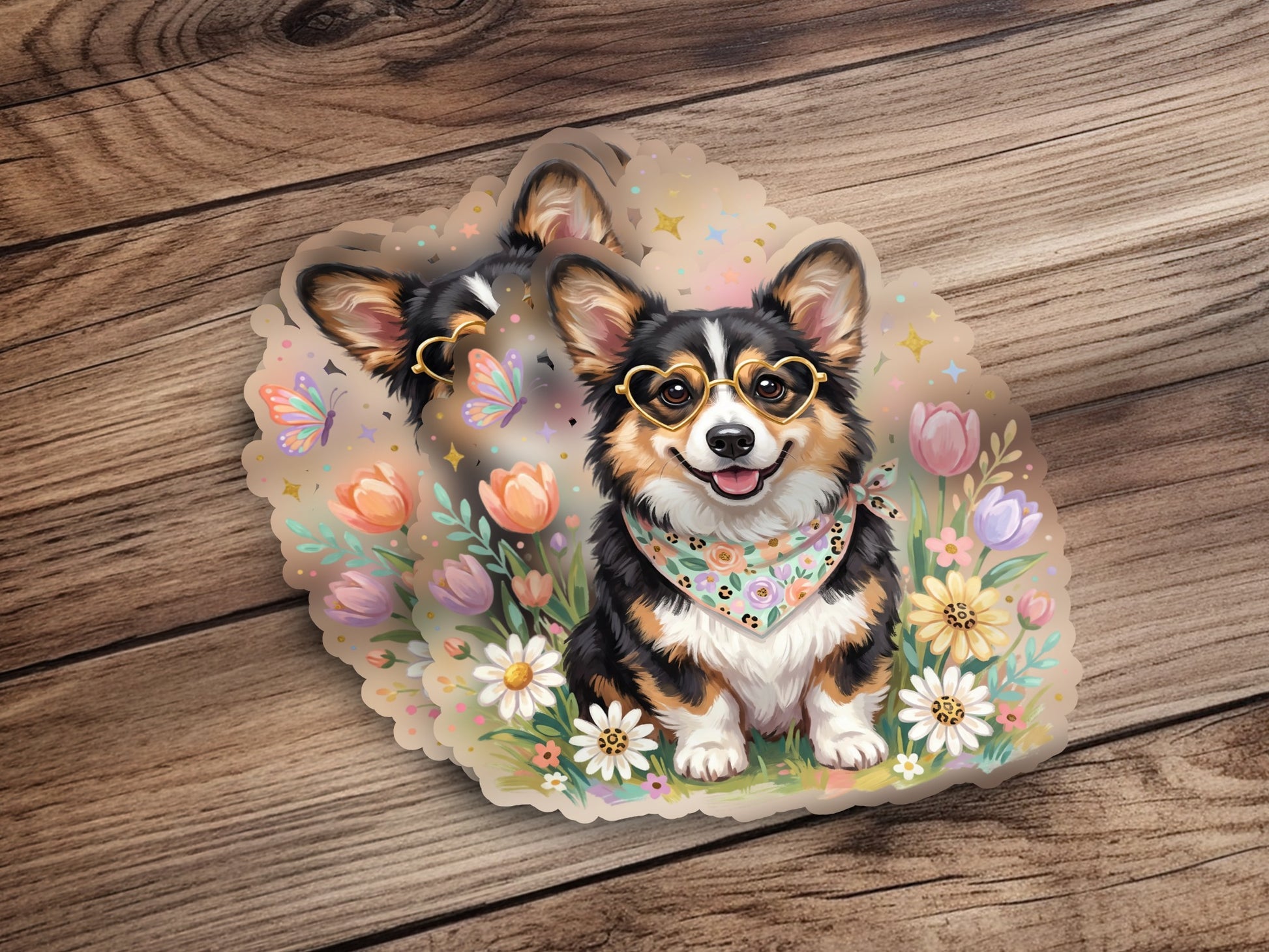 Cute corgi wearing heart glasses and bandana surrounded by flowers.
