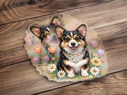 Cute corgi wearing heart glasses and bandana surrounded by flowers.