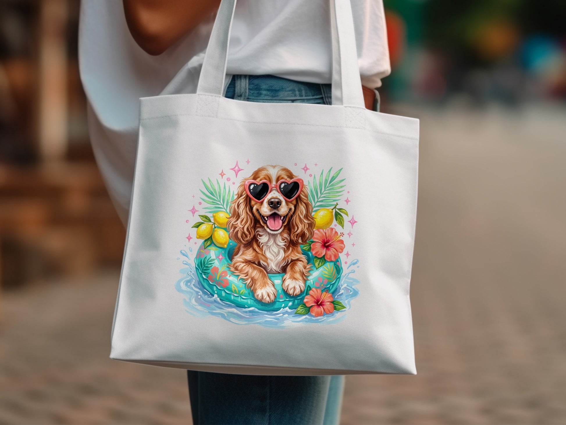 White tote bag with a dog in a heart-shaped inner tube surrounded by lemons and flowers.
