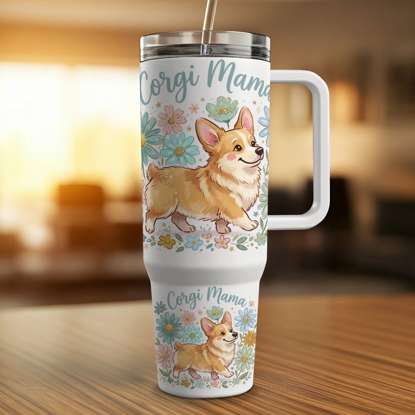 Corgi Mama tumbler with floral accents and two corgi illustrations.
