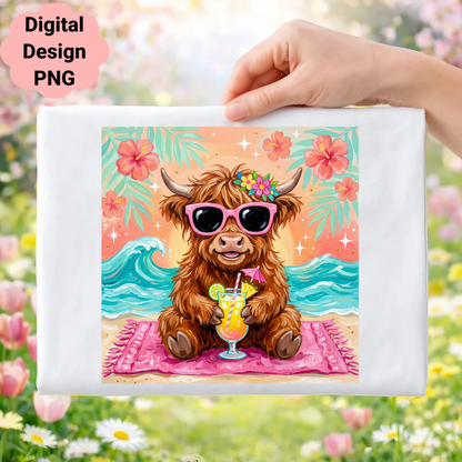 Highland cow in sunglasses with cocktail on beach, "Digital Design PNG" text overlay.