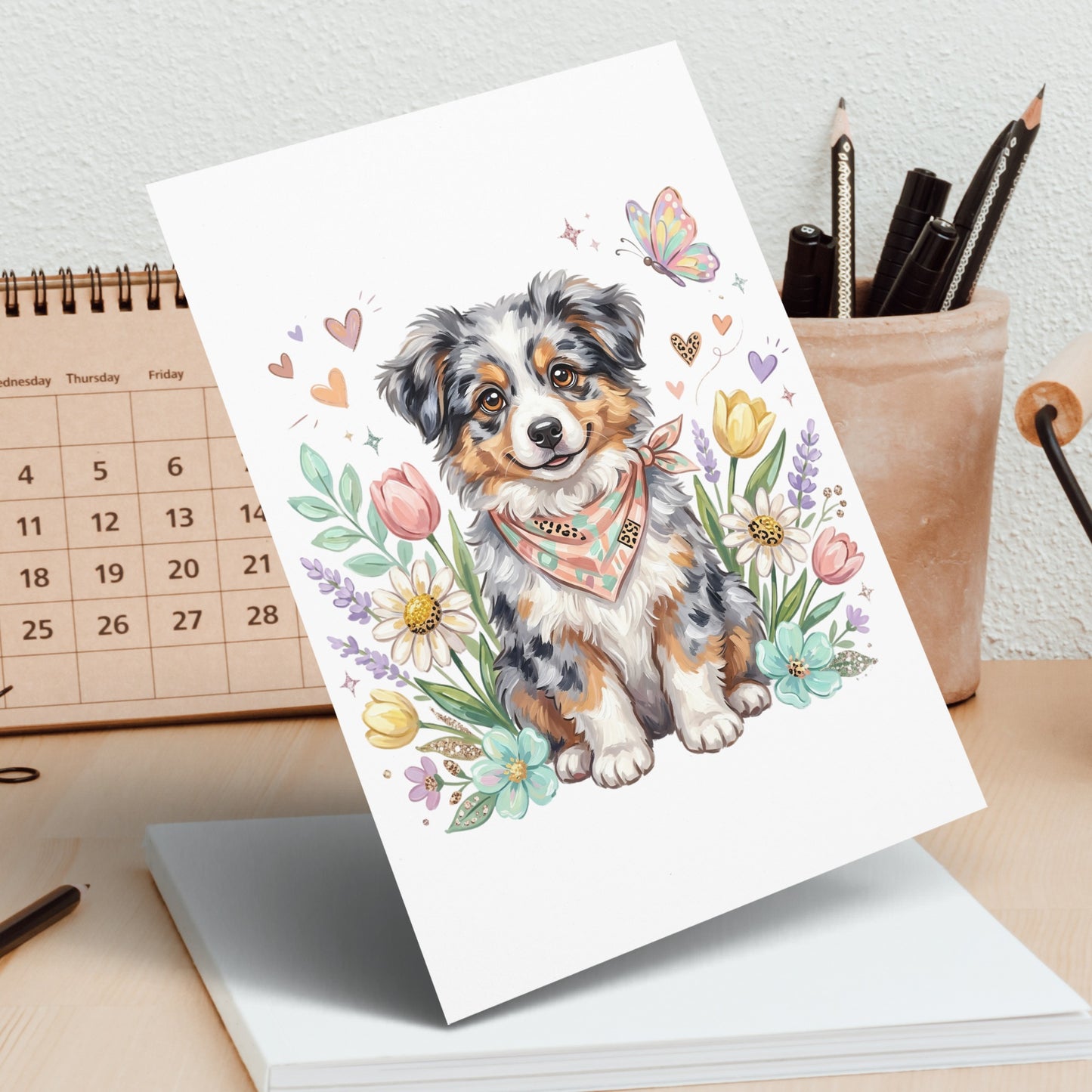 Watercolor Australian Shepherd puppy with flowers and butterflies on a greeting card.