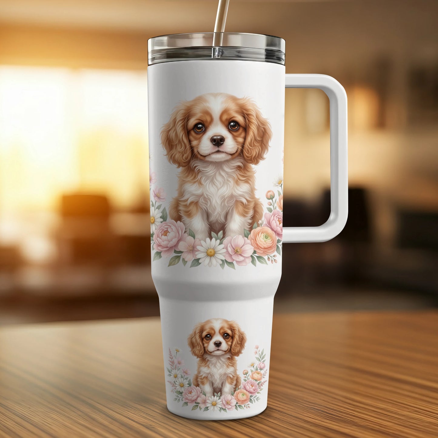 White tumbler with Cavalier King Charles Spaniel and floral design.