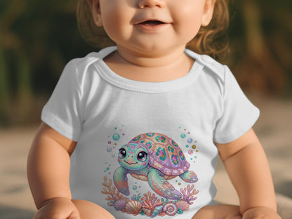 White baby bodysuit with a colorful cartoon sea turtle and coral design.